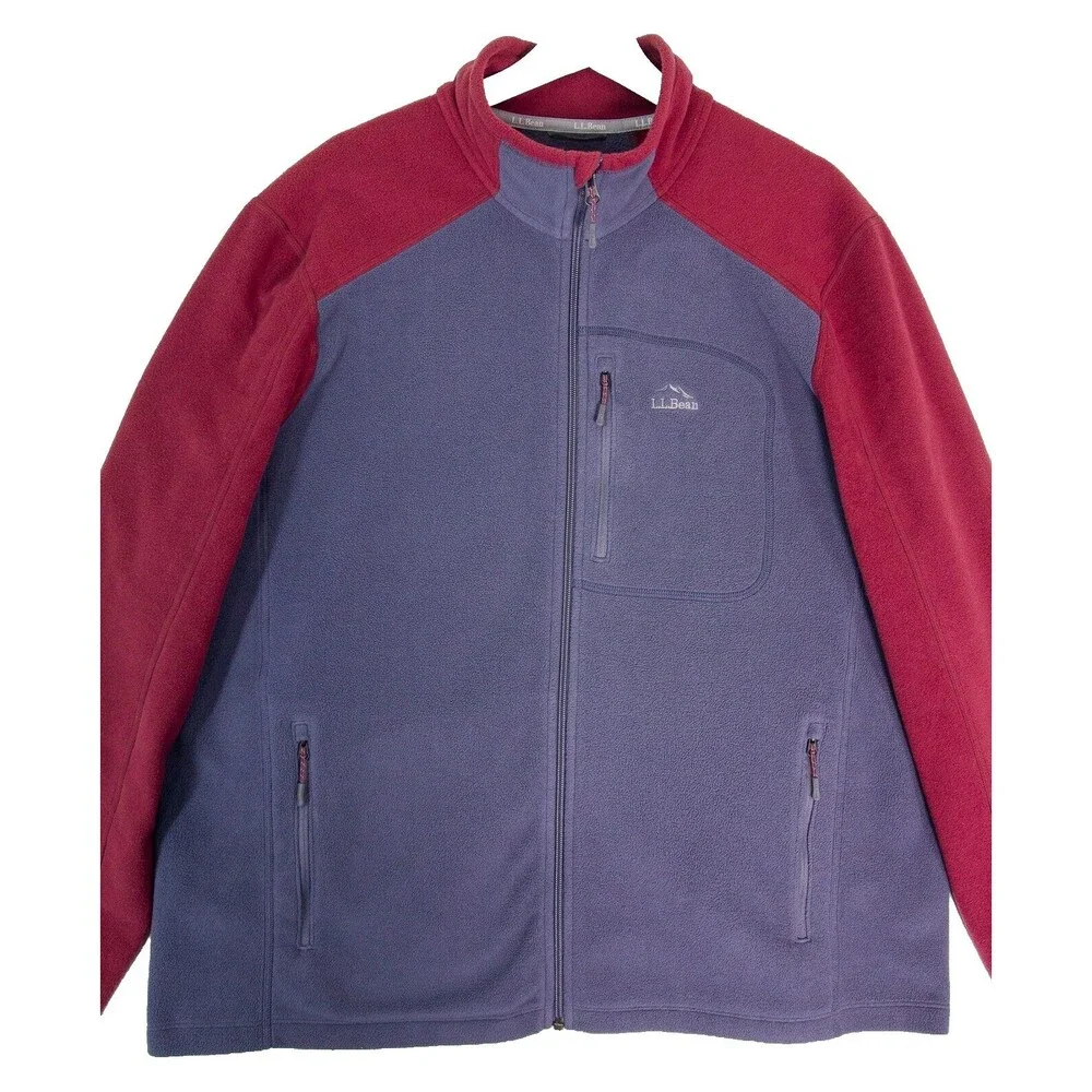 LL Bean Full Zip Fleece Jacket Mock Neck Men's Size XL Burgundy Gray